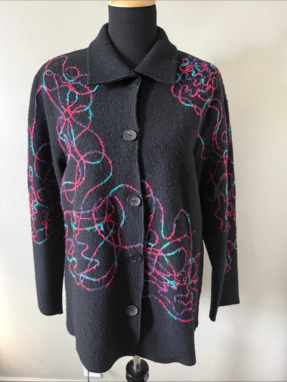 Vintage Coldwater Creek Black Wool Jacket Cardigan Abstract Embroidery Sz L